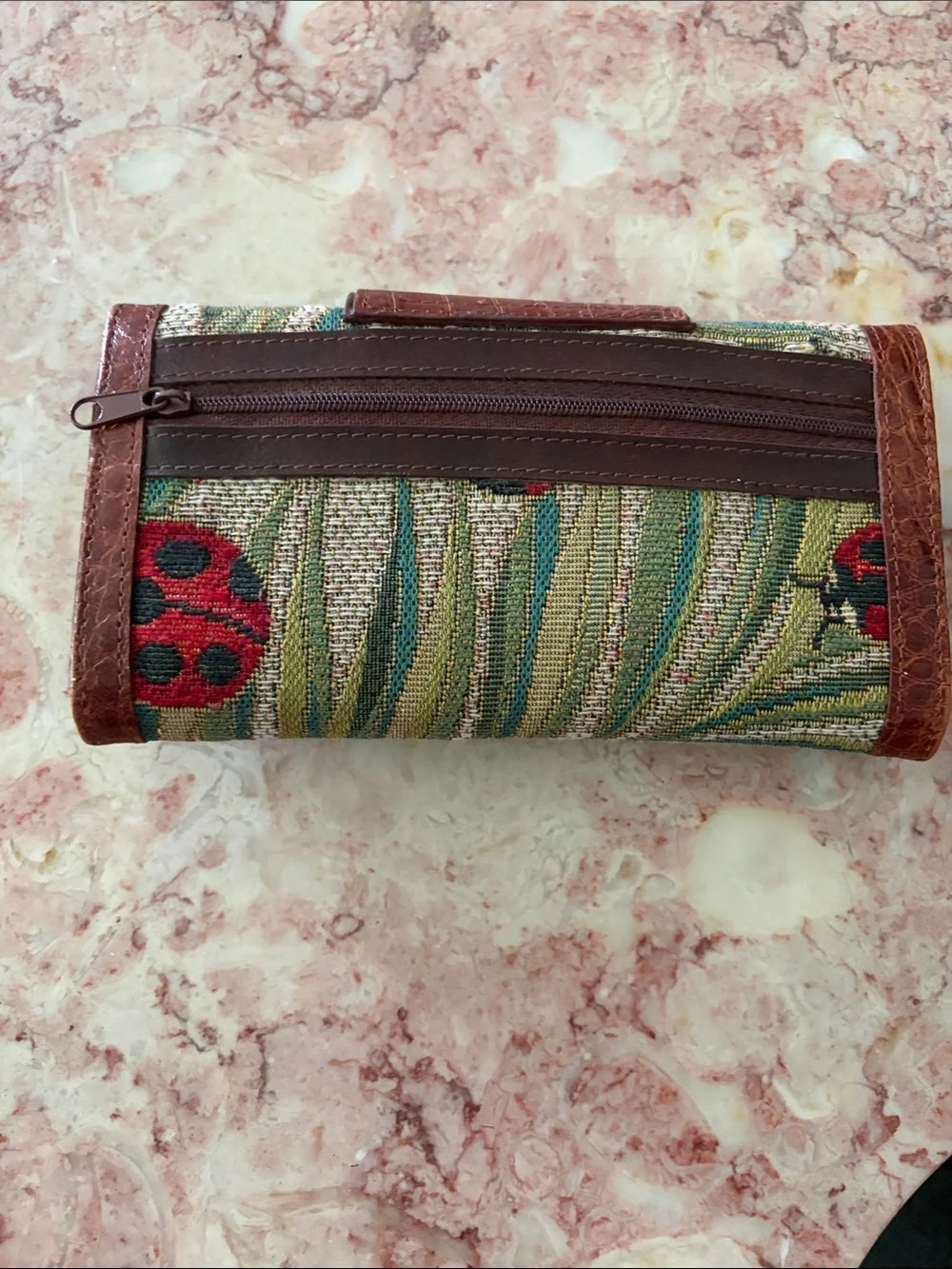 Floral Tapestry Trifold Wallet with Brown Faux-Croc Trim